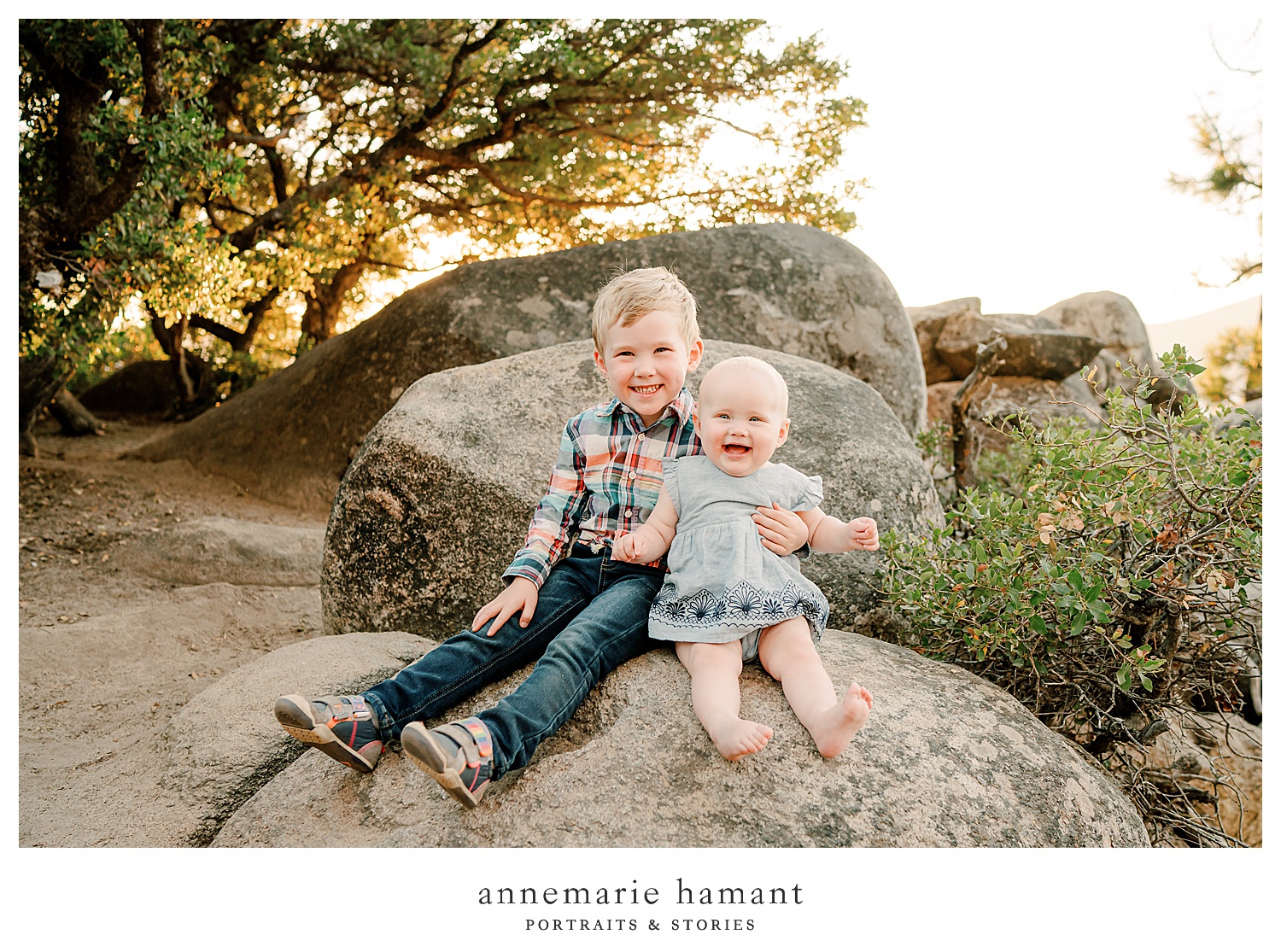  Sunset family photography at Sand Harbor, Lake Tahoe. AnneMarie Hamant uses sunset light and candid connections to photograph families on vacation in Lake Tahoe.  