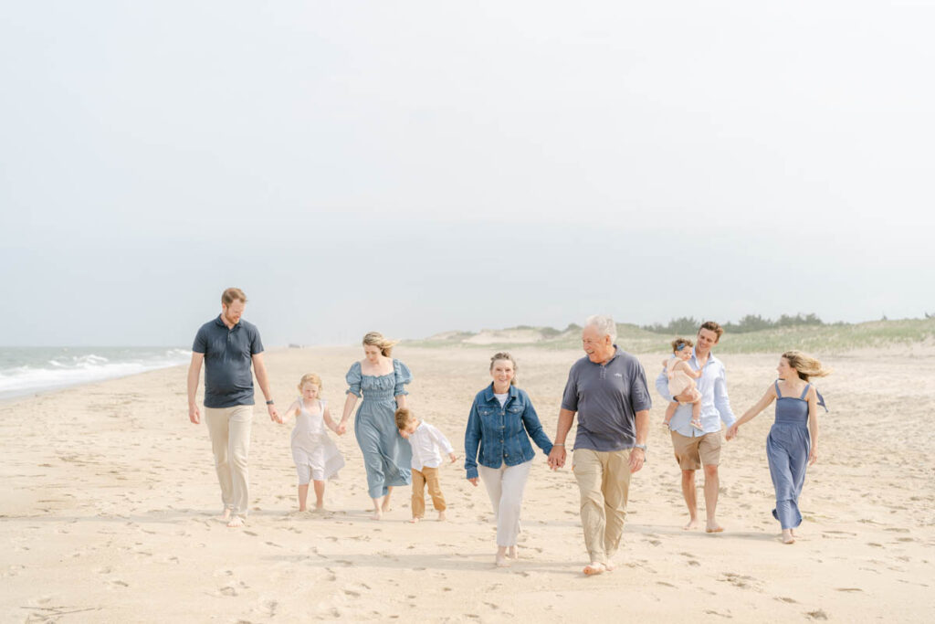Large extended family walks along the shore in Bethany Beach