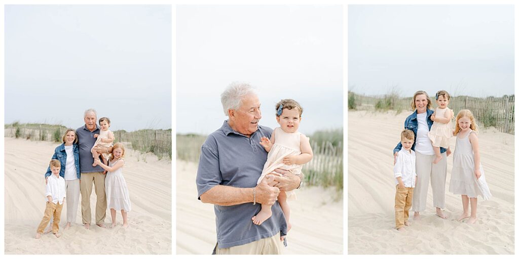 Grandparents hold grandchildren on the beach in delaware during a photo session with AnneMarie Hamant