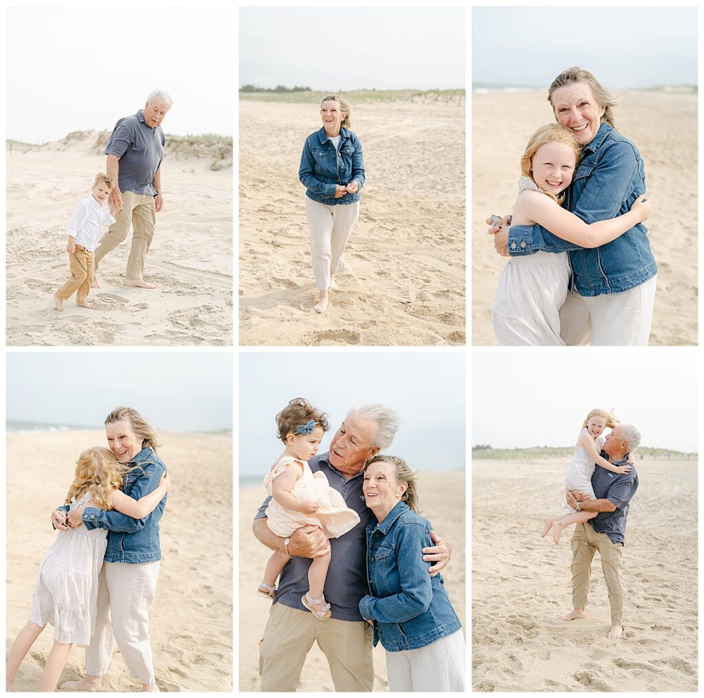 Grandparents hug their grandchildren on the beach during an extended family session