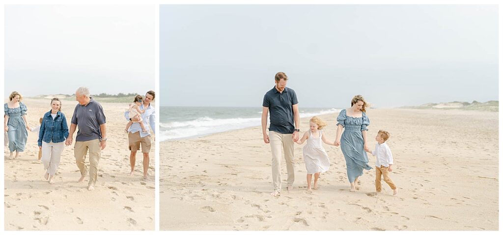 Family walks the beach together during a portrait session