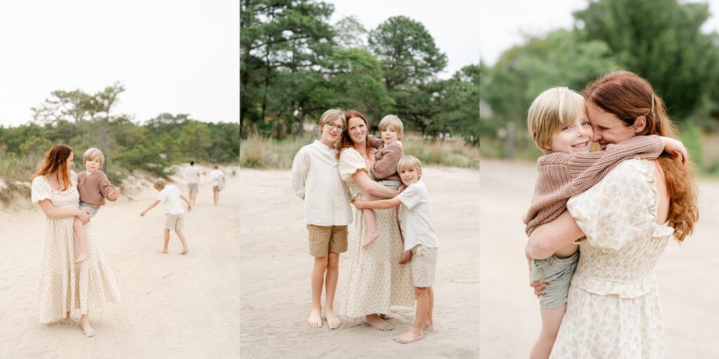 family walks in the sand