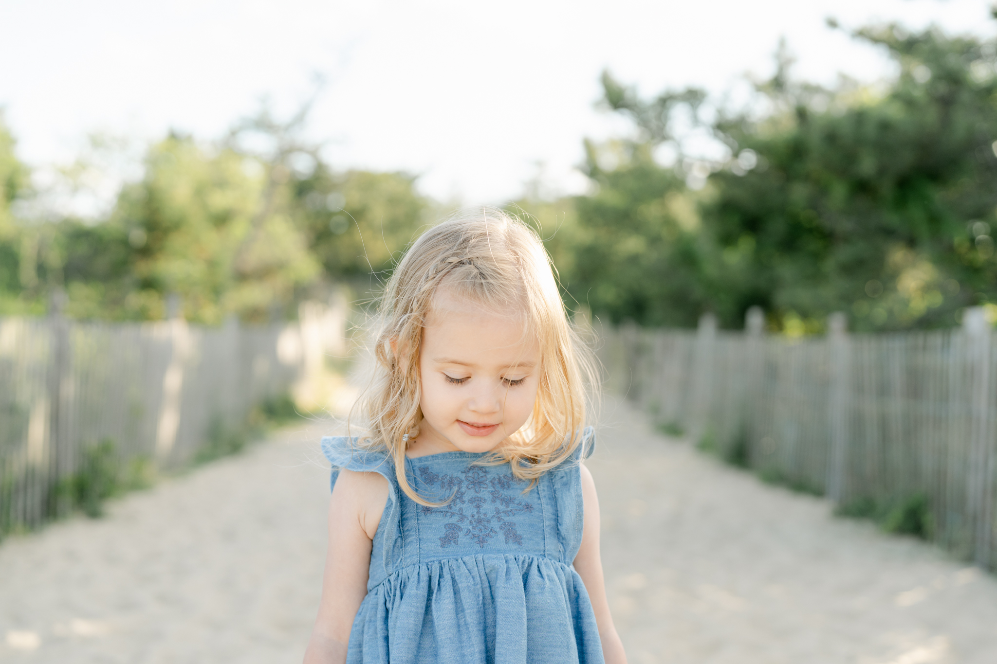 little girl in blue dress standing on a path