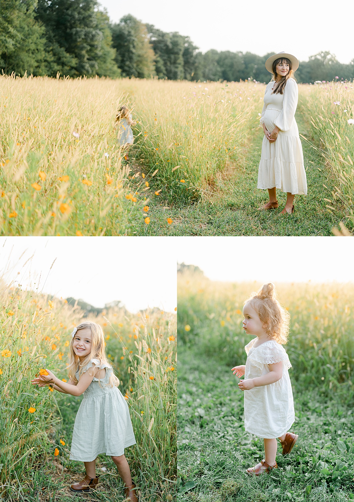 little girls in white dresses in wildflower field