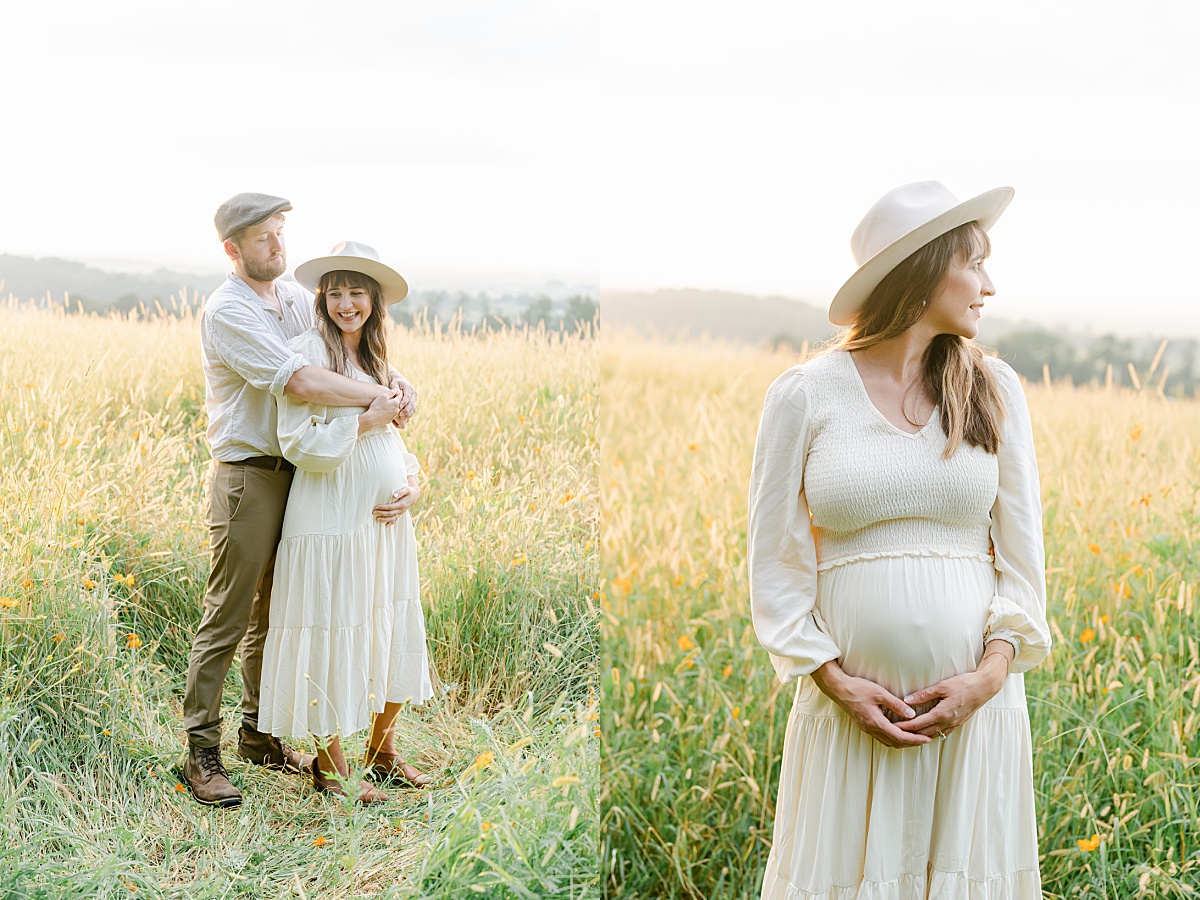 pregnant wife with husband in wildflower field