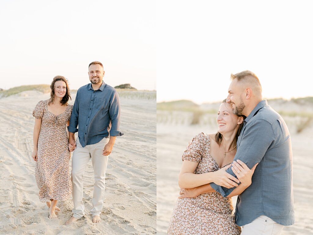 Mom and dad holding hands and walking through the sand at the beach by Rehoboth Beach Family Photographer AnneMarie Hamant
