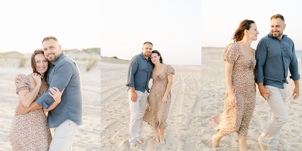 Husband and wife snuggled up together while walking hand in hand through the sand at the beach by Rehoboth Beach Family Photographer AnneMarie Hamant