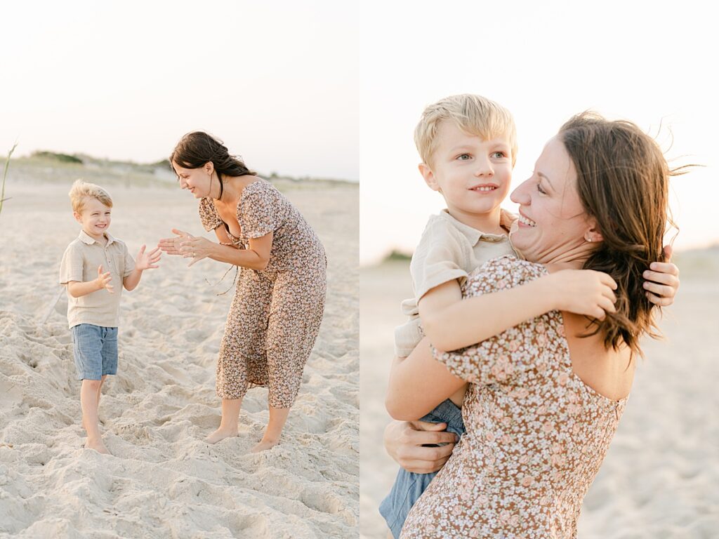 Mom playing with young son at the beach by Rehoboth Beach Family Photographer AnneMarie Hamant