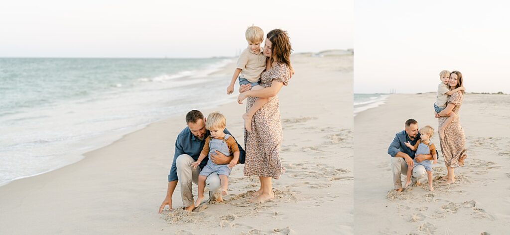 Family of four together along the ocean looking at the sand by Rehoboth Beach Family Photographer AnneMarie Hamant