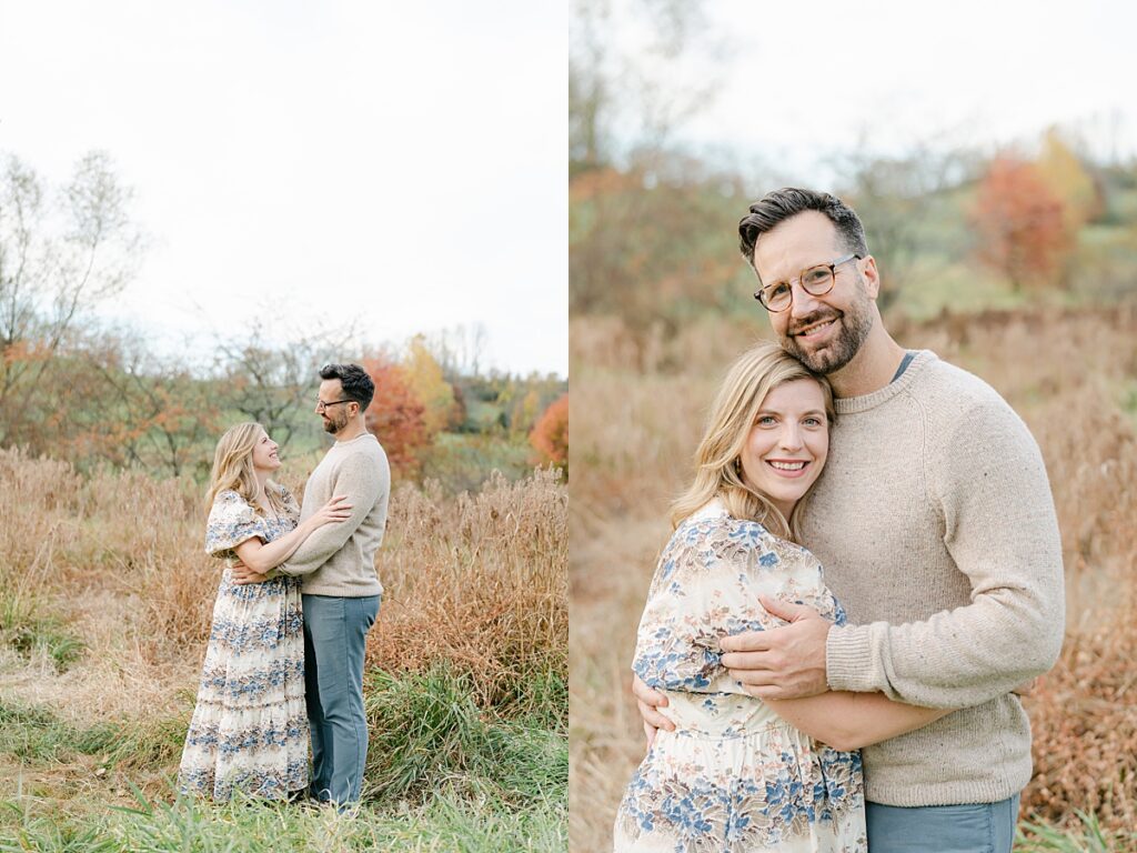 A mom and dad in neutral and cream colored clothing holding one another closely while looking at the camera by Philadelphia portrait photographer, annemarie hamant