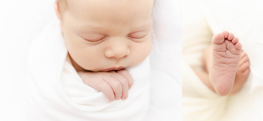 Newborn boy sleeping in white swaddle with hands sticking out