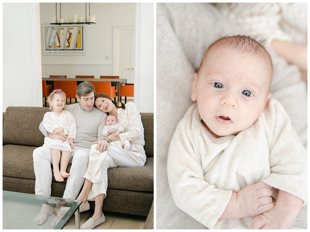 Family of four with toddler and newborn sit in their Paoli living room during a newborn session