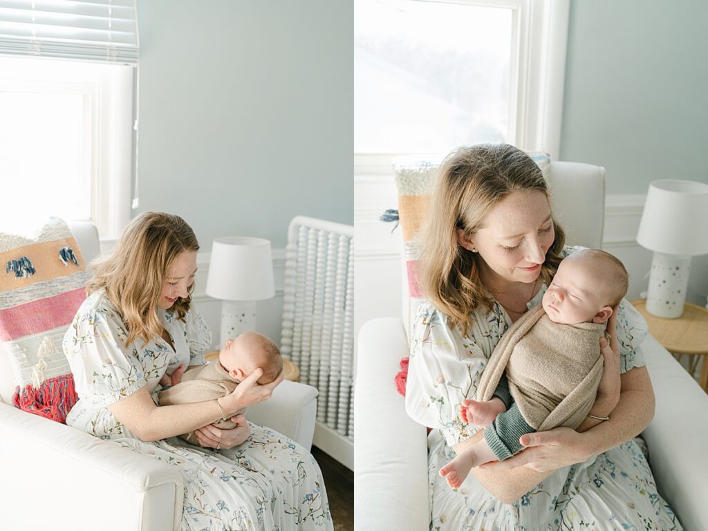 Mom holding newborn son in white rocker in nursery by Philadelphia Baby Photographer, AnneMarie Hamant