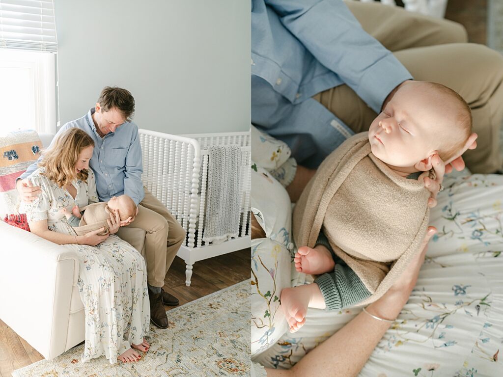Newborn boy swaddled in beige swaddle while sleeping and being held by mom and dad by Philadelphia Baby Photographer, AnneMarie Hamant