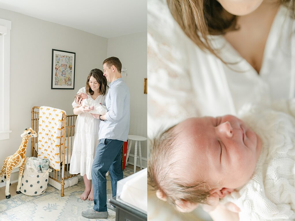 Mom and dad holding newborn son in bright nursery by Philly Newborn photographer, AnneMarie Hamant