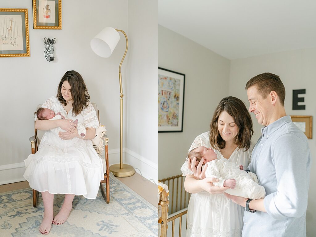 Mom and dad holding newborn son in bright nursery by Philly Newborn photographer, AnneMarie Hamant