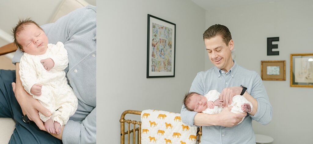 New father holding newborn son in nursery in cream romper
