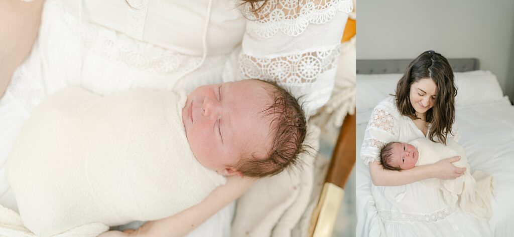 Mom holding newborn son in white dress in baby's nursery by Philly Newborn Photographer, AnneMarie Hamant
