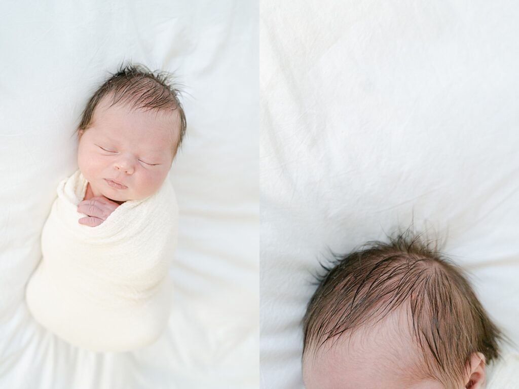Newborn boy swaddled in white swaddle by Philly Newborn Photographer, AnneMarie Hamant
