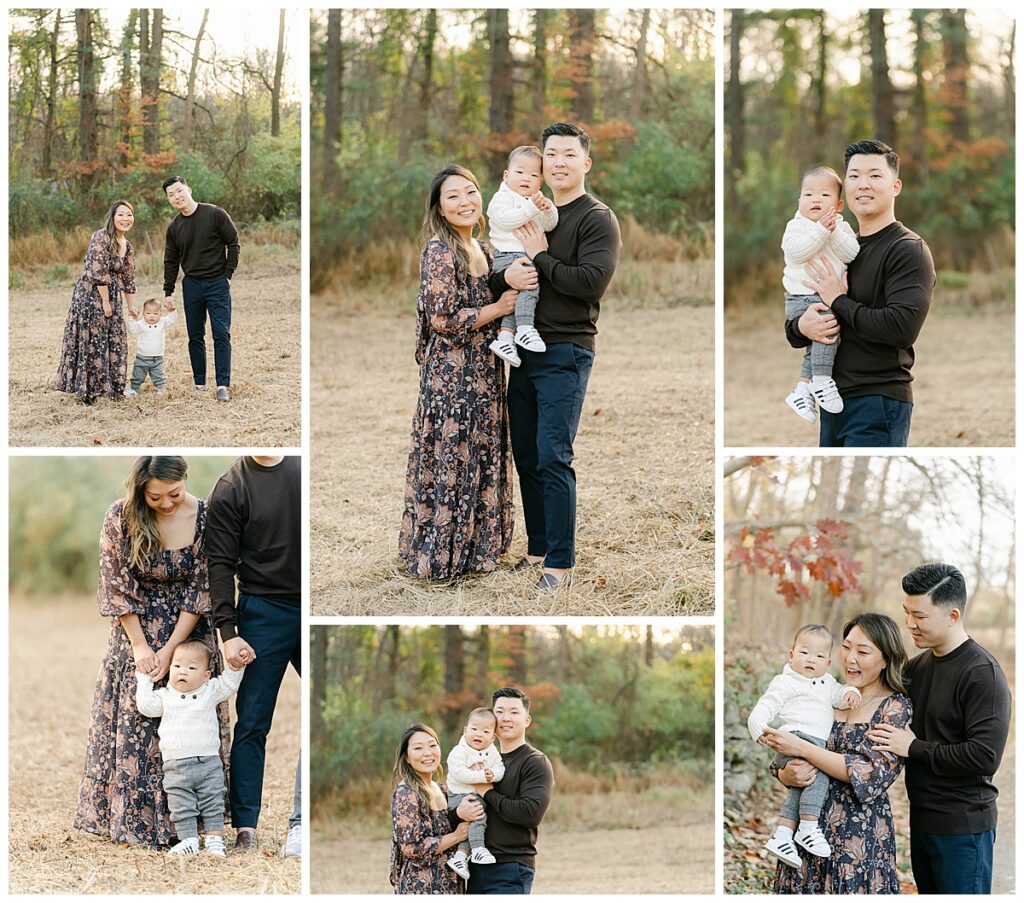 young couple poses with baby boy in a field in Ridley Creek State park