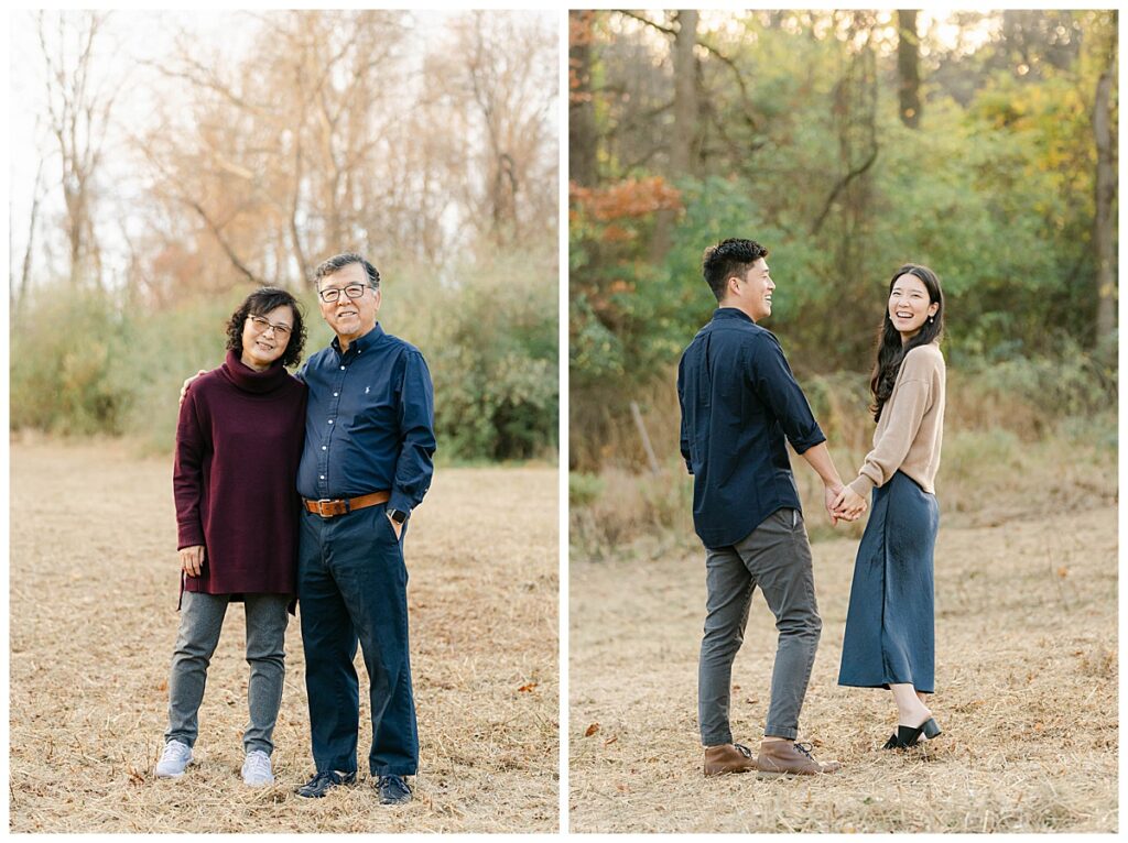 Couples pose for family photos in Ridley Creek State park