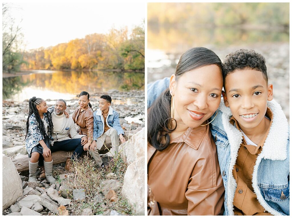 family of four wearing denim and earth tones poses for family photos in Valley Forge
