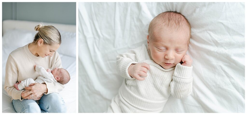 Newborn baby in a white outfit on a white bed during a Chester County newborn session