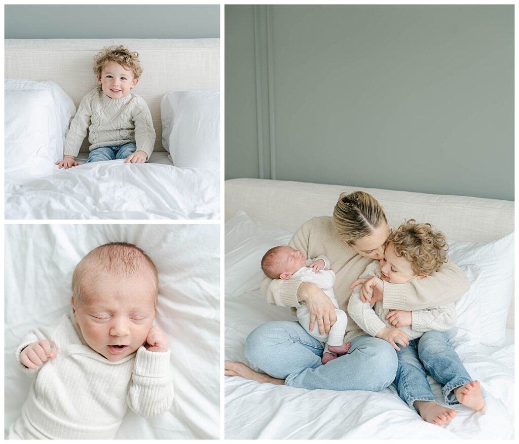 Mom with newborn baby and toddler cuddles on their bed
