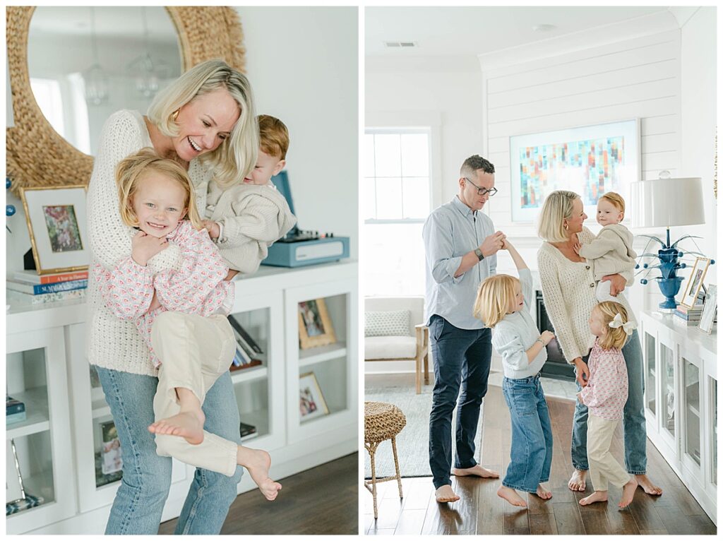 Family in Zara clothing dances in their brightly lit home