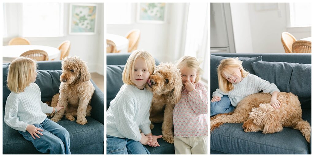 Little girls and goldendoodle cuddle