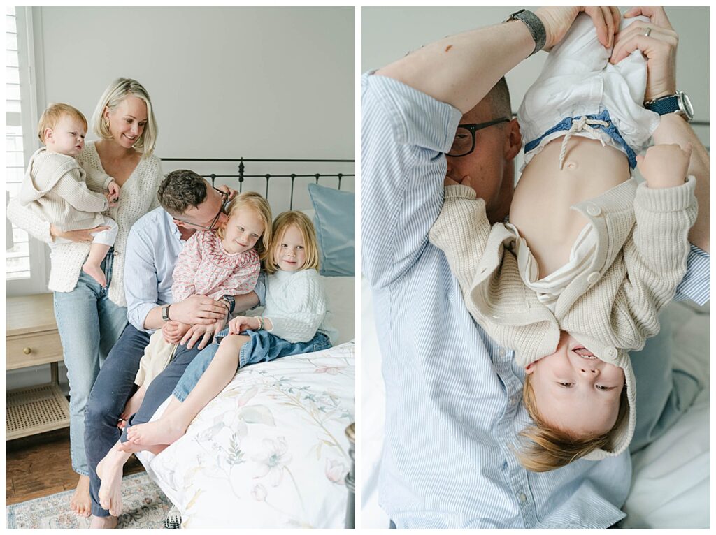 family of five in blues and pinks plays on the bed in their Chestnut hill home during a photo session