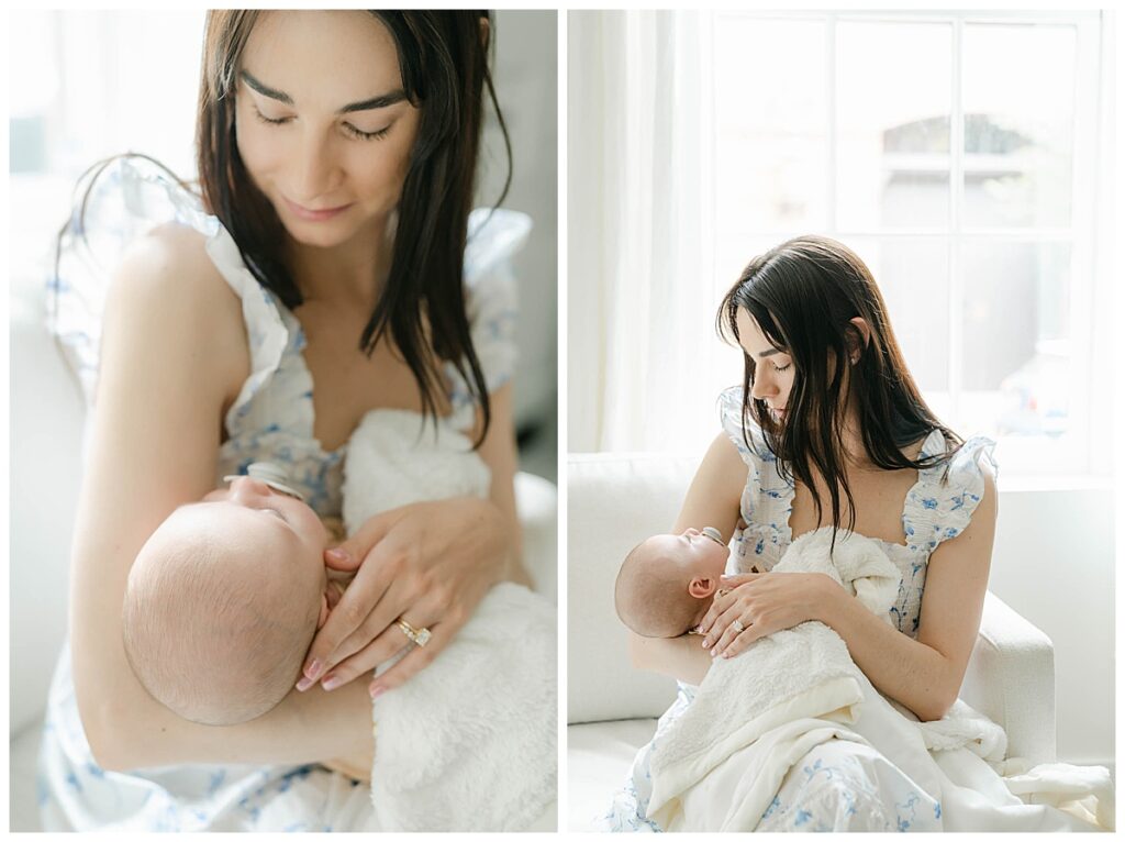 Mother in white dress holds newborn baby during newborn photography session in her Philly home
