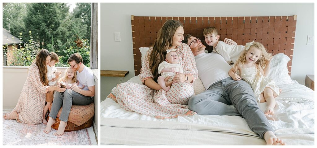 Family cuddles on bed during newborn photo session