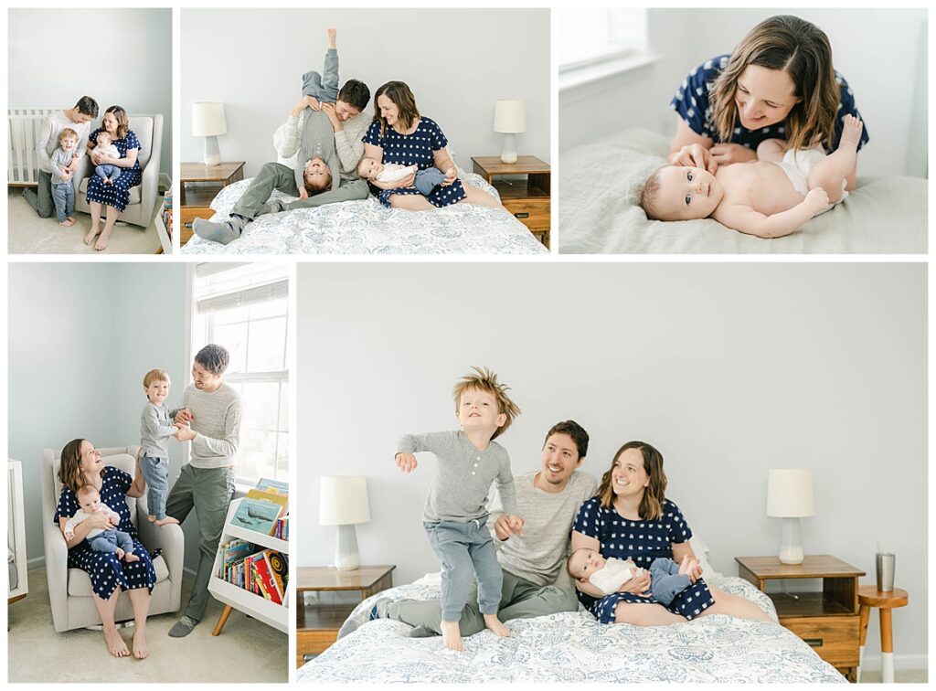 Toddler plays on bed with mom and dad and newborn sibling during a Philly area newborn photography session