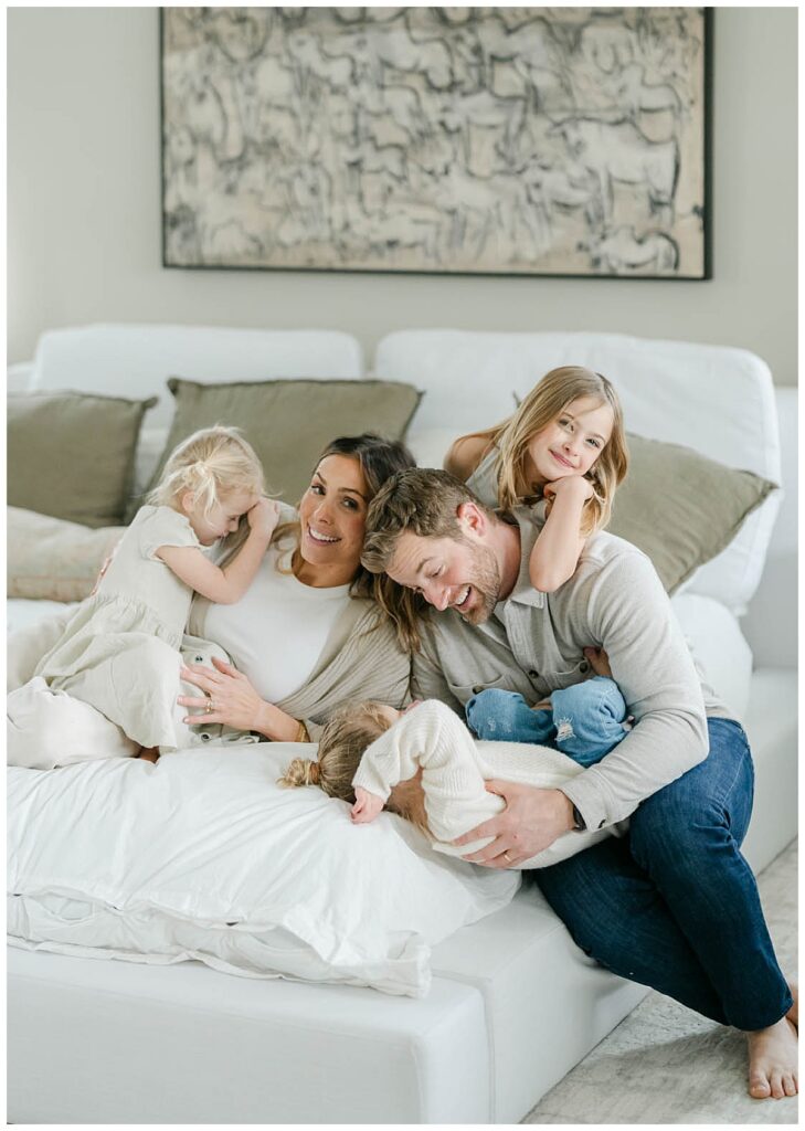 family in neutral outfits for Wilmington family photos